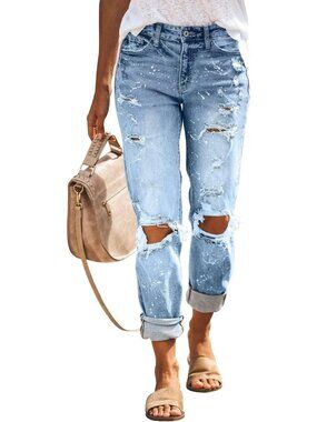 Women's Blue Ripped Mid Waisted Boyfriend Jeans Loose Fit Distressed Stretchy